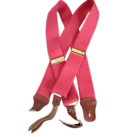 Vintage Boys Suspenders Red Elastic & Leather Button-On  Leather Togs 1950's - Picture 1 of 5